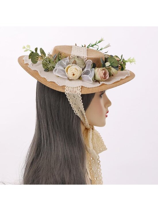 Elegant Victorian Tea Party Sun Hat with Bows & Florals - Stylish Flat Straw Hat main image 6